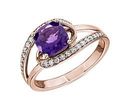 An amethyst engagement ring featuring non-traditional twisted halo design with diamond details set in rose gold